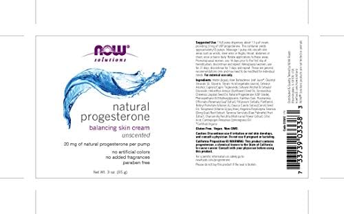 NOW Foods Solutions bio-identical progesterone from wild yam three ounce packaging highlighting ingredients and metered pump dispenser.