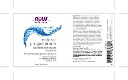 NOW Foods Solutions bio-identical progesterone from wild yam three ounce packaging highlighting ingredients and metered pump dispenser.