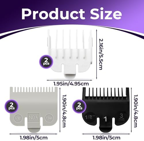 Six piece clipper guard replacement set neatly arranged to display the sizing labels.