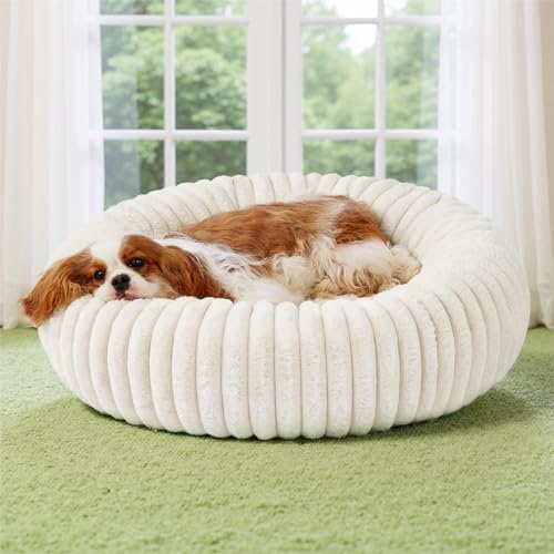 Bedsure ComfyFleece(TM) Donut Medium Dog Bed - Washable Faux Fur with Corduroy Fleece & Anti Slip Bottom, Round Pet Bed with Removable Cover, Cream, 30x30x8 inches - Image 2