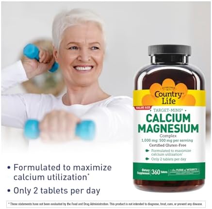 Back view of Country Life Target Mins Calcium Magnesium bottle showing certified gluten free and vegan logos.