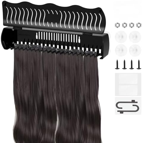 Koalafast hair extension holder front view showing premium black styling rack layout.