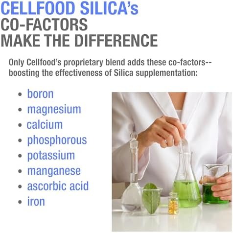 Cellfood Essential Silica Anti Aging Formula bottle emphasizing bone joint and hair health benefits for wellness