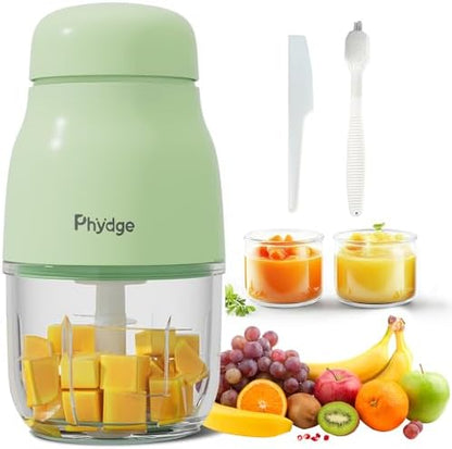 Phydge green baby food blender angled view showcasing the eight stainless steel blades inside the clean ten ounce glass container