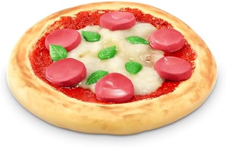 Stretchy pizza themed DIY compound slime craft being molded by hand.