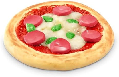 Stretchy pizza themed DIY compound slime craft being molded by hand.