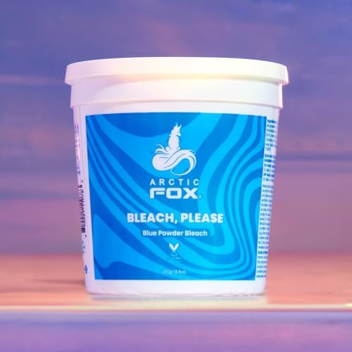 Side profile of Arctic Fox 250g blue bleaching powder tub detailing application instructions