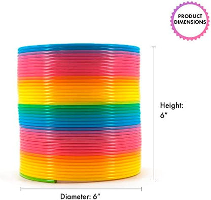 Srenta jumbo slinky toy stretched out horizontally to demonstrate its flexibility and large size.
