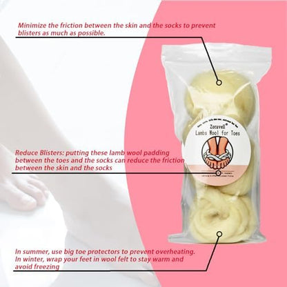 Soft natural lambswool toe separator padding for blister prevention