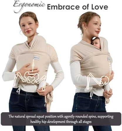 The adjustable tie closure system and shoulder straps of the Misswisdom beige wrap carrier demonstrated.