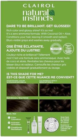 Clairol Natural Instincts 4 Dark Brown ammonia-free hair color bottle and cream tube components.