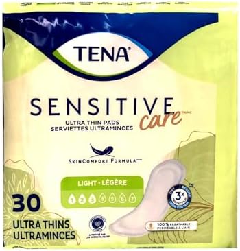 TENA Intimates regular length 30 count pack demonstrating the secure adhesive backing.