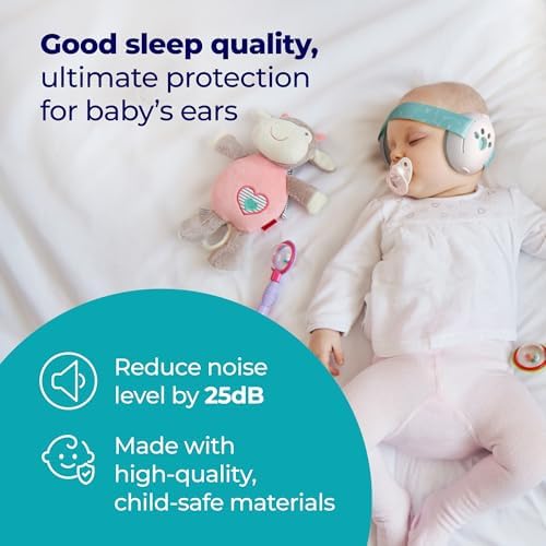 Infant wearing Marsho baby ear muffs with soft elastic strap