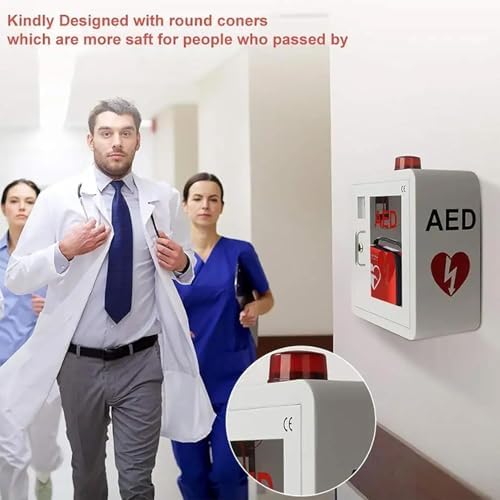 AED storage unit installed on office wall for emergency preparedness