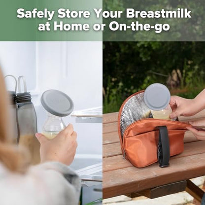 Grey Haakaa breast pump cap showing a secure and tight seal