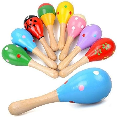 Pack of six miniature wooden fiesta rattles arranged in an assorted color display