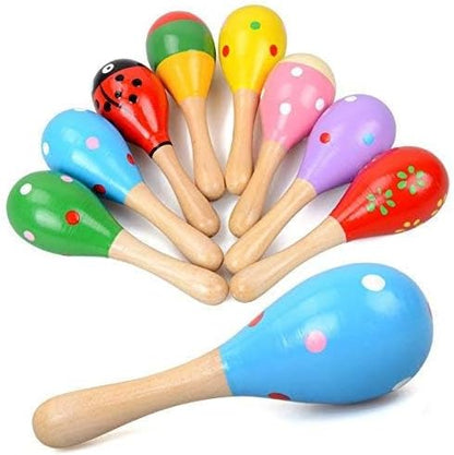 Pack of six miniature wooden fiesta rattles arranged in an assorted color display