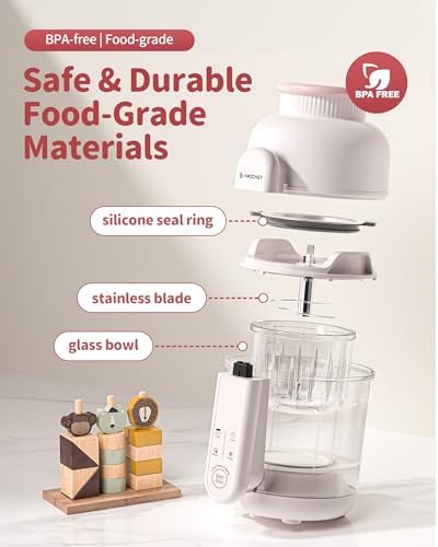 Side profile of the compact AMZCHEF countertop baby food appliance showing its elegant white design
