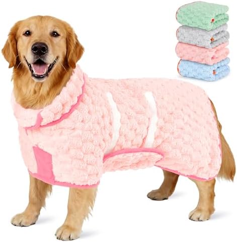 Dog wearing pink quick drying pet towel robe