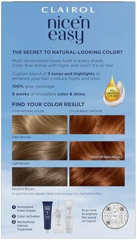 Clairol natural looking light auburn permanent hair color box back showing results and ingredients