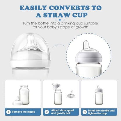 Four piece set of spill resistant replacement spouts next to packaging