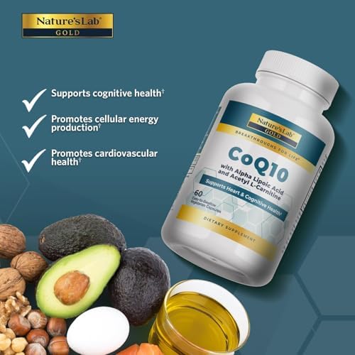 Nature's Lab CoQ10 with Alpha Lipoic Acid and Acetyl L-Carnitine supplement facts label close up