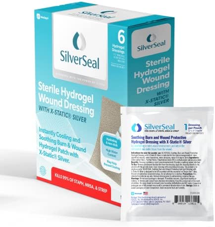 SilverSeal hydrogel pads showing the 2 inch by 3 inch sterile dressing size.