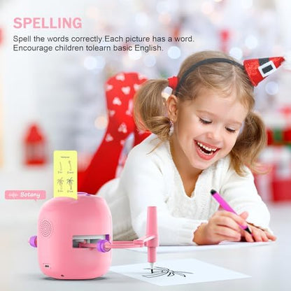 Montessori drawing robot toy scanning a learning card for step by step voice interactive sketching.