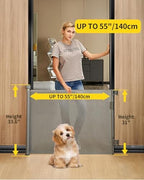 DEAR LOV mesh dog gate extended across the bottom of a wooden staircase