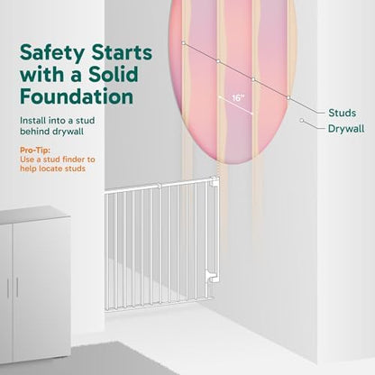 Adjustable width feature of the white Cumbor baby gate expanding to fit a wide doorway.