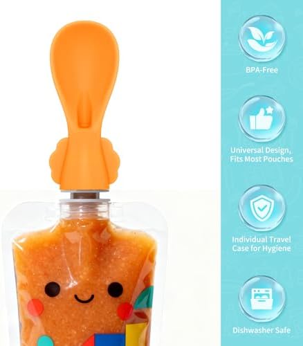 MiniMunch travel friendly baby food squeeze pouch spoon stored inside its individual clear protective hygiene case.