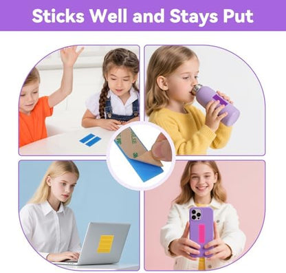 PuraEase sensory strips applied to the back of a smartphone and a laptop for discreet office fidgeting.