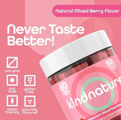 KINDNATURE mixed berry flavor dietary supplement chewables displayed next to the official packaging for electrolyte hydration support