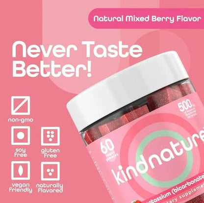 KINDNATURE mixed berry flavor dietary supplement chewables displayed next to the official packaging for electrolyte hydration support