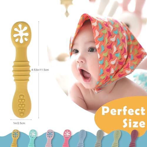 Soft food grade silicone baby spoons gentle on delicate teething gums.