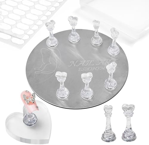 Esuohym magnetic nail art stand set with silver metal base and heart holders.