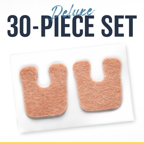 Flesh colored U shaped felt foot pads showing adhesive backing