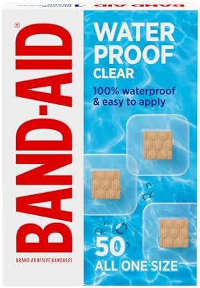 BAND-AID Brand waterproof clear spot bandage package base showcasing latex free statement and manufacturing details.