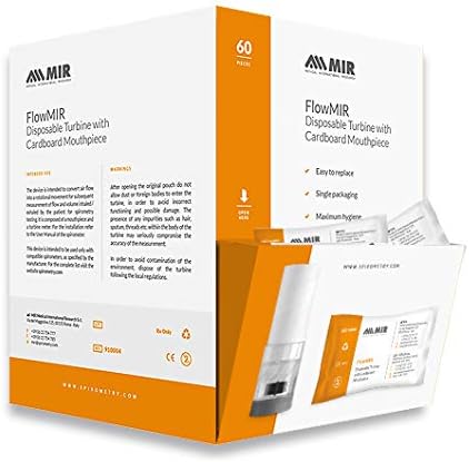 MIR FlowMir disposable spirometer turbines box front view showing authentic medical packaging.