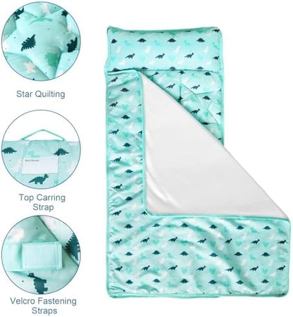 Daycare portable sleeping mat with the removable pillow partially pulled out.