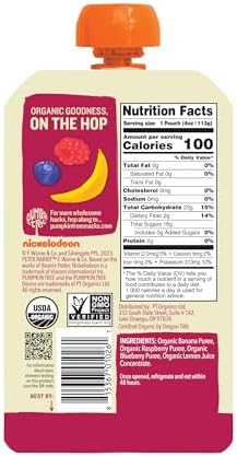 Back side of Peter Rabbit Organics baby food pouch showing ingredients