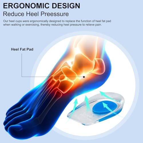 Soft gel heel cushions being placed inside a sneaker for daily comfort.