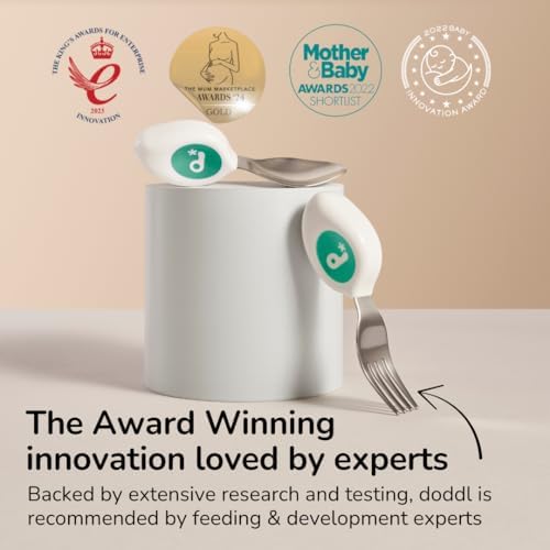 Educational diagram showing toddler hand grip on Doddl utensils