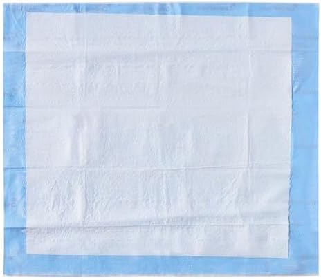 Blue waterproof backsheet of Cardinal Health heavy duty disposable bed pad demonstrating large coverage