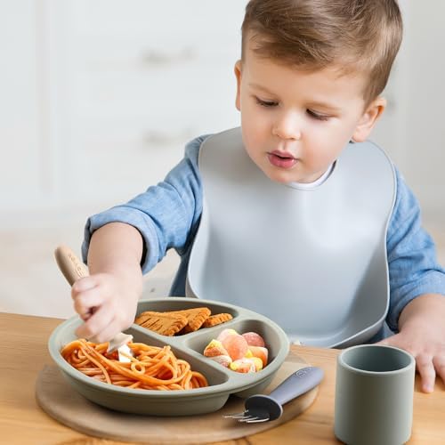 Set of six colorful silicone and steel toddler utensils