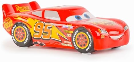Bottom view of the authentic Disney Pixar Cars ceramic bank displaying the removable rubber stopper