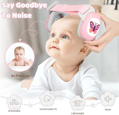 Baby wearing YomauiYee noise cancelling headphones for airplane travel