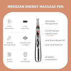Handheld meridian energy massager pen showing control buttons and LED screen
