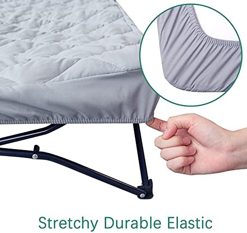 Close up look at the premium three layer quilted composition of the Biloban portable cot sheet.