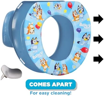 Ginsey Bluey toilet training seat placed on a standard white home bathroom toilet bowl.